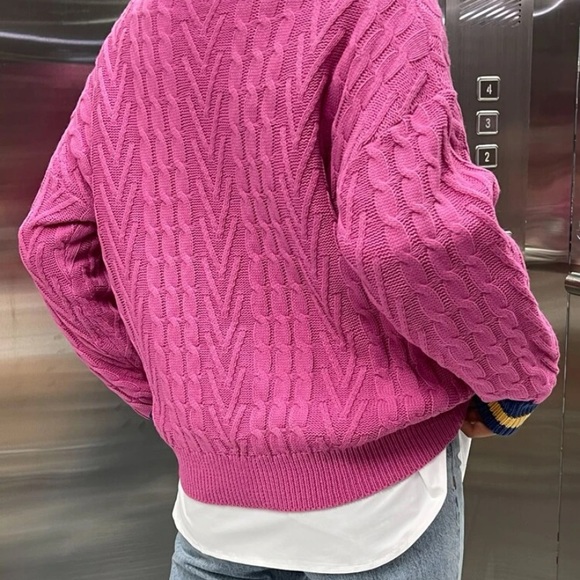 Letter Patched Striped Trim Cable Knit Sweater.  Size Large - Picture 2 of 3